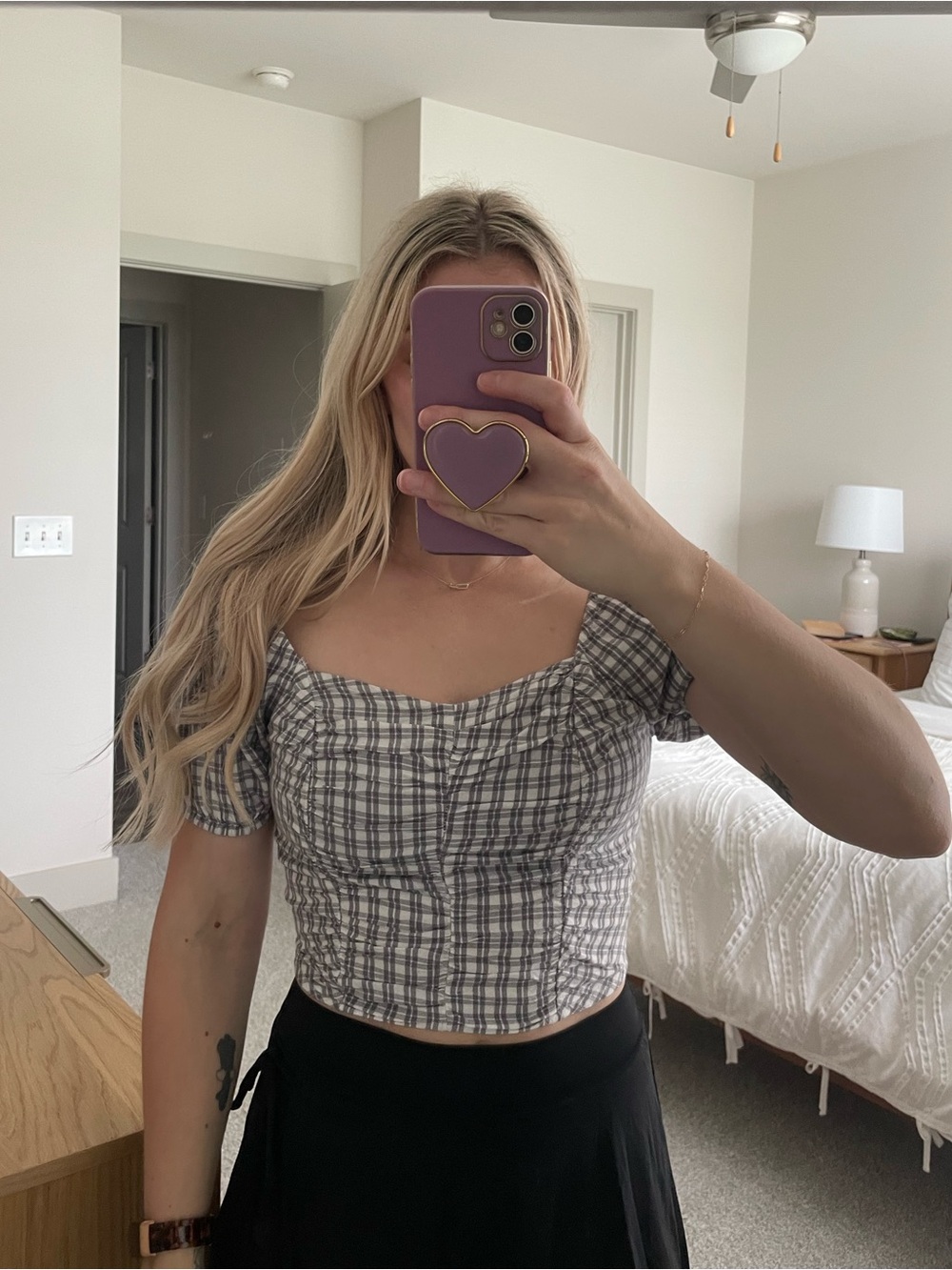 Hollister Gray and White Plaid Sweetheart Crop Top